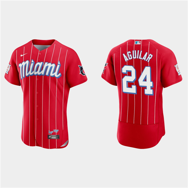Men's Miami Marlins #24 Jesus Aguilar Red 2021 City Connect Flex Base Stitched Jersey